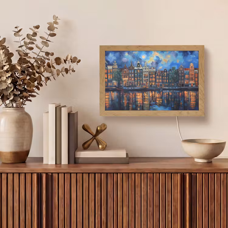 Grachten Amsterdam - Huizen - Stad - Kleurrijk Light Box met kabel (Tafellamp) klein -sfeer2