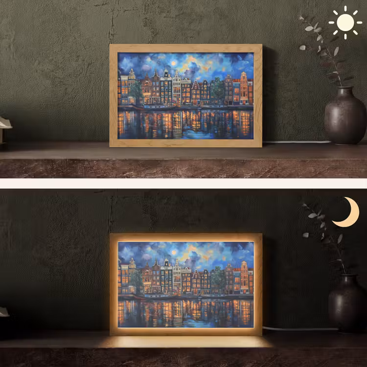 Grachten Amsterdam - Huizen - Stad - Kleurrijk Light Box met kabel (Tafellamp) klein -sfeer3