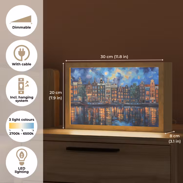 Grachten Amsterdam - Huizen - Stad - Kleurrijk Light Box met kabel (Tafellamp) klein -USP_EN