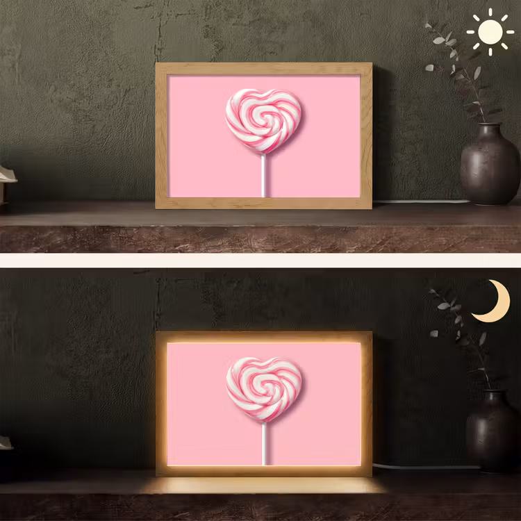 Snoep - Lolly - Hart- Roze Light Box met kabel (Tafellamp) klein -sfeer3
