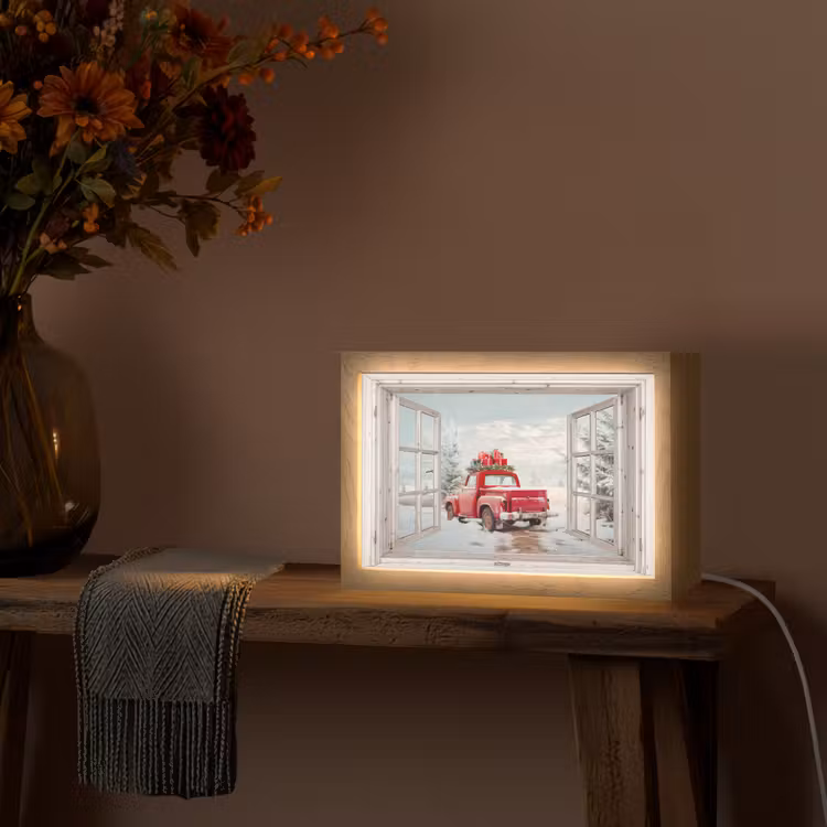 Auto - Rood - Cadeaus - Winter - Kerst - Doorkijk - Wit Light Box met kabel (Tafellamp) klein -sfeer4