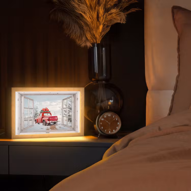Auto - Rood - Cadeaus - Winter - Kerst - Doorkijk - Wit Light Box met kabel (Tafellamp) klein -sfeer1