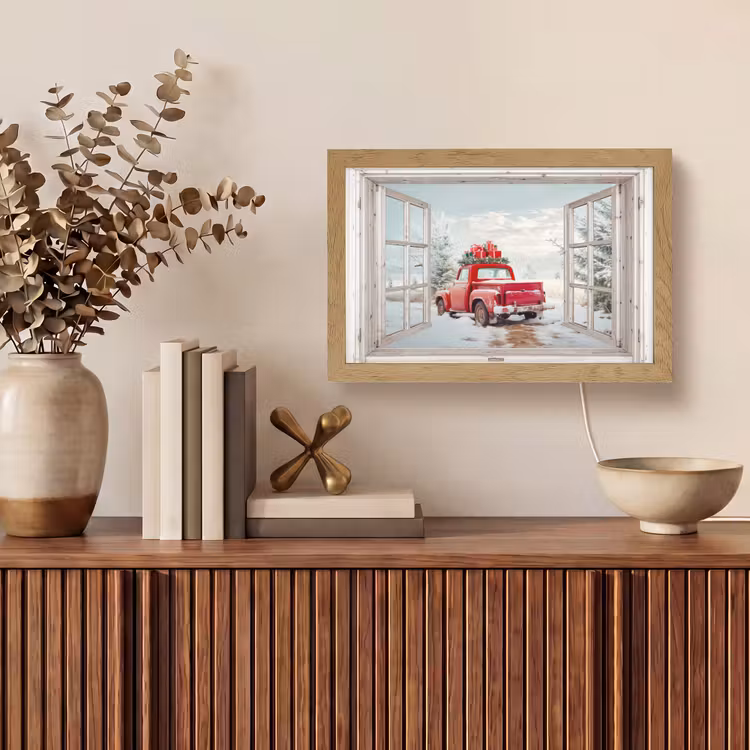 Auto - Rood - Cadeaus - Winter - Kerst - Doorkijk - Wit Light Box met kabel (Tafellamp) klein -sfeer2