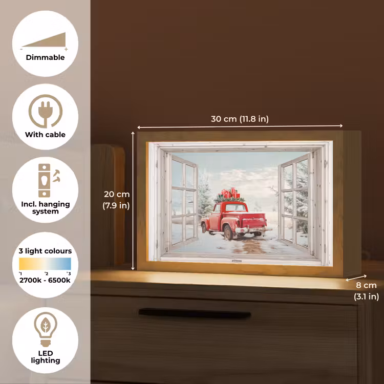 Auto - Rood - Cadeaus - Winter - Kerst - Doorkijk - Wit Light Box met kabel (Tafellamp) klein -USP_EN