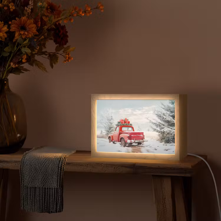Auto - Rood - Cadeaus - Winter - Sneeuw - Kerst Light Box met kabel (Tafellamp) klein -sfeer4