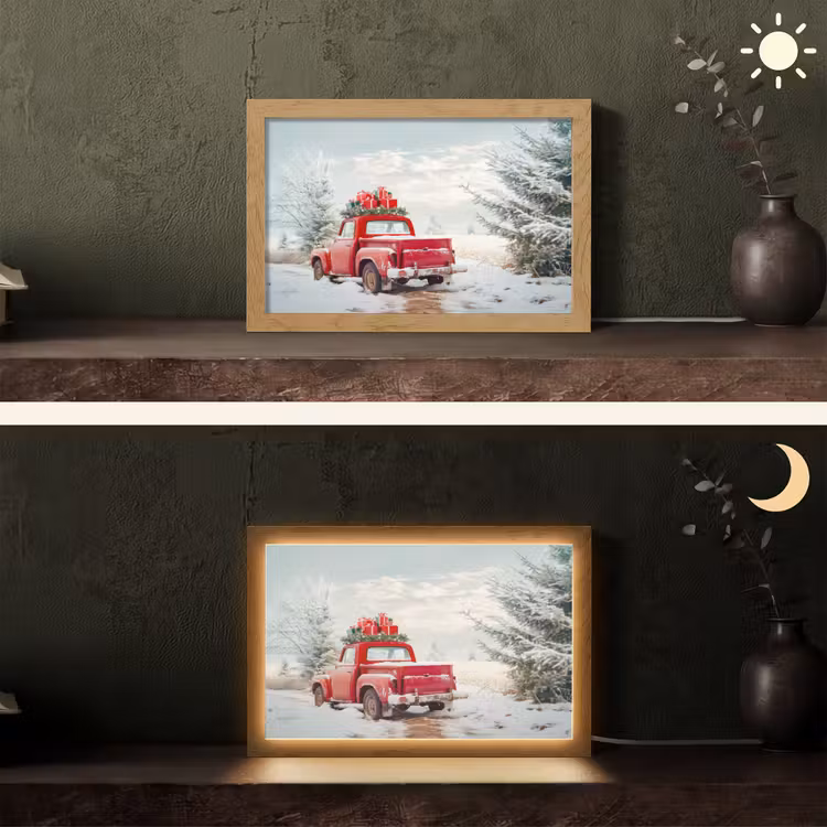 Auto - Rood - Cadeaus - Winter - Sneeuw - Kerst Light Box met kabel (Tafellamp) klein -sfeer3