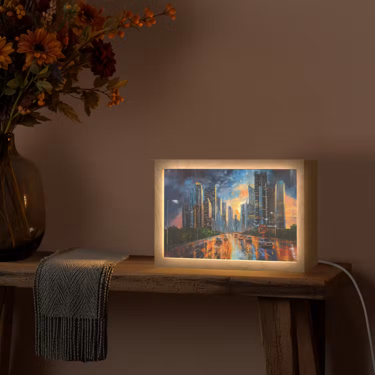 Auto - Skyline - Zon - Blauw Light Box met kabel (Tafellamp) klein -sfeer4