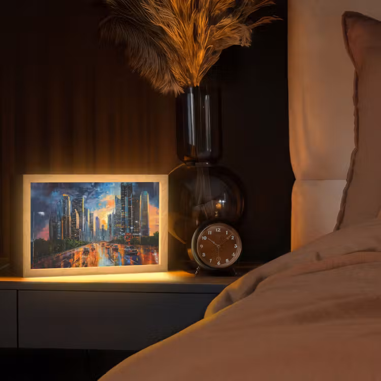 Auto - Skyline - Zon - Blauw Light Box met kabel (Tafellamp) klein -sfeer1