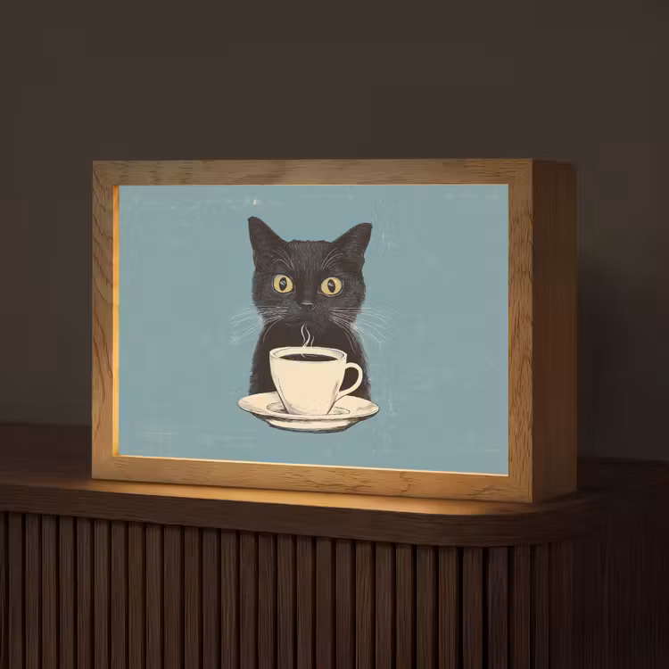 Kat - Zwart - Koffie - Minimalistisch Light Box met kabel (Tafellamp) klein -z3d_website