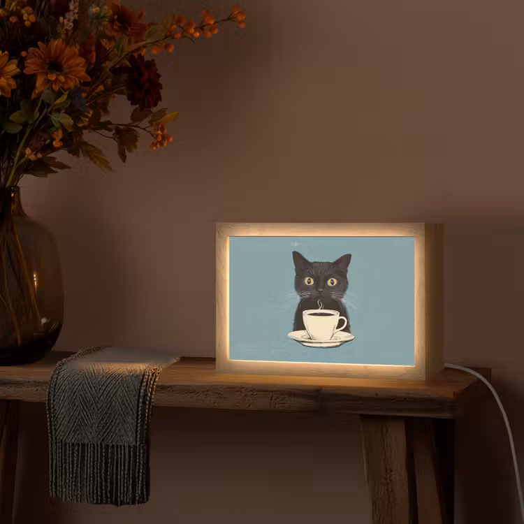 Kat - Zwart - Koffie - Minimalistisch Light Box met kabel (Tafellamp) klein -sfeer4