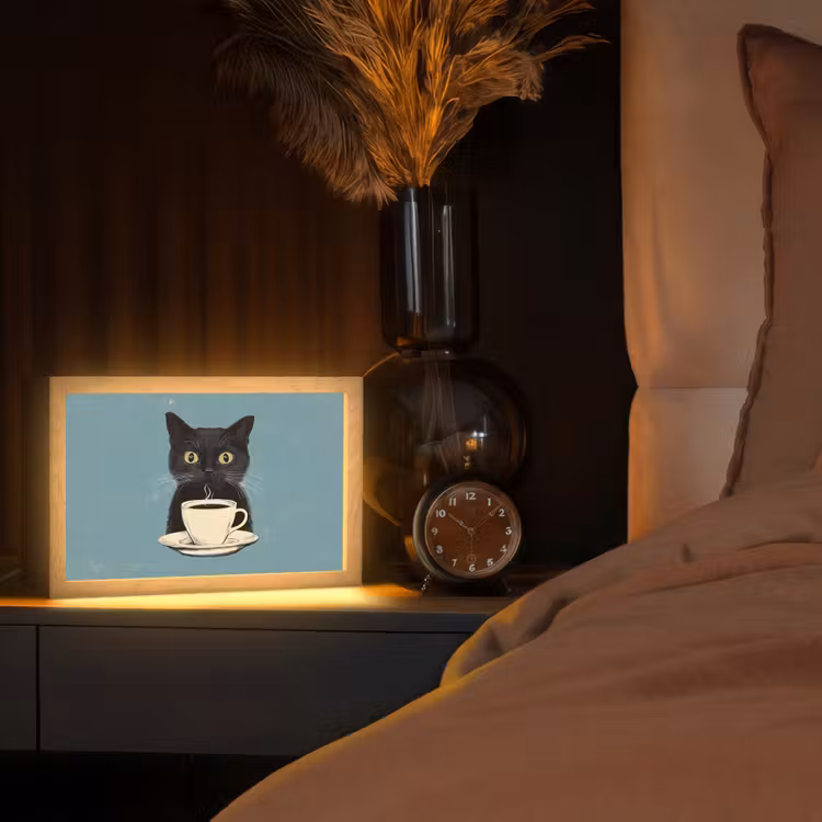 Kat - Zwart - Koffie - Minimalistisch Light Box met kabel (Tafellamp) klein -sfeer1