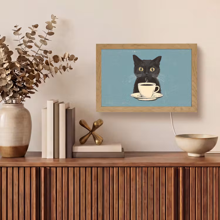 Kat - Zwart - Koffie - Minimalistisch Light Box met kabel (Tafellamp) klein -sfeer2