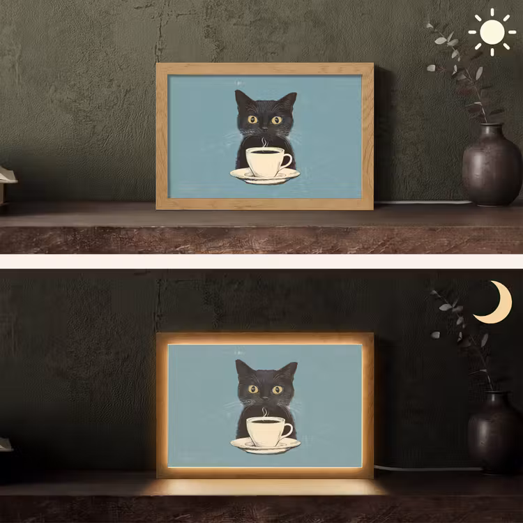 Kat - Zwart - Koffie - Minimalistisch Light Box met kabel (Tafellamp) klein -sfeer3