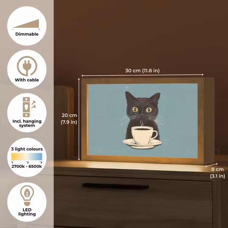 Kat - Zwart - Koffie - Minimalistisch Light Box met kabel (Tafellamp) klein -USP_EN