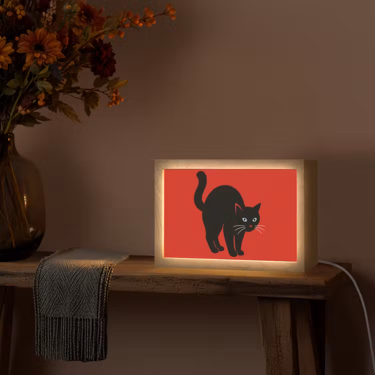 Kat - Zwart - Staart Light Box met kabel (Tafellamp) klein -sfeer4