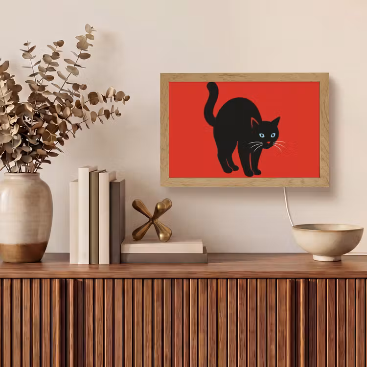 Kat - Zwart - Staart Light Box met kabel (Tafellamp) klein -sfeer2