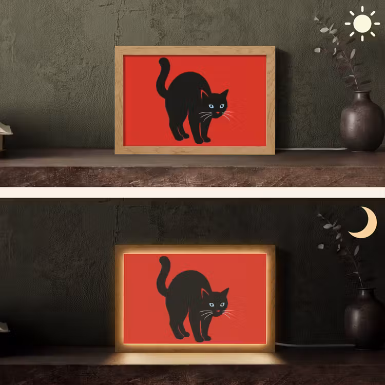 Kat - Zwart - Staart Light Box met kabel (Tafellamp) klein -sfeer3