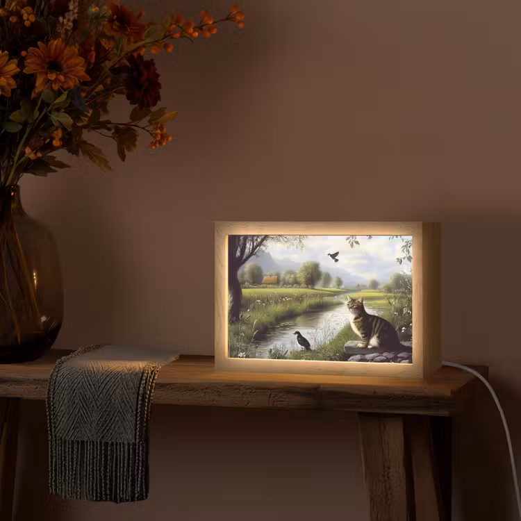 Kat - Beekje - Weide Light Box met kabel (Tafellamp) klein -sfeer4