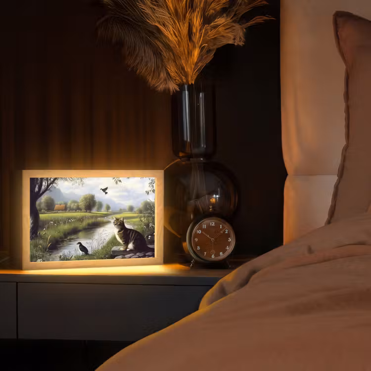 Kat - Beekje - Weide Light Box met kabel (Tafellamp) klein -sfeer1