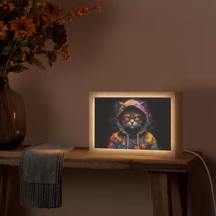 Kat - Jas - Graffiti - Bril - Zwart Light Box met kabel (Tafellamp) klein -sfeer4