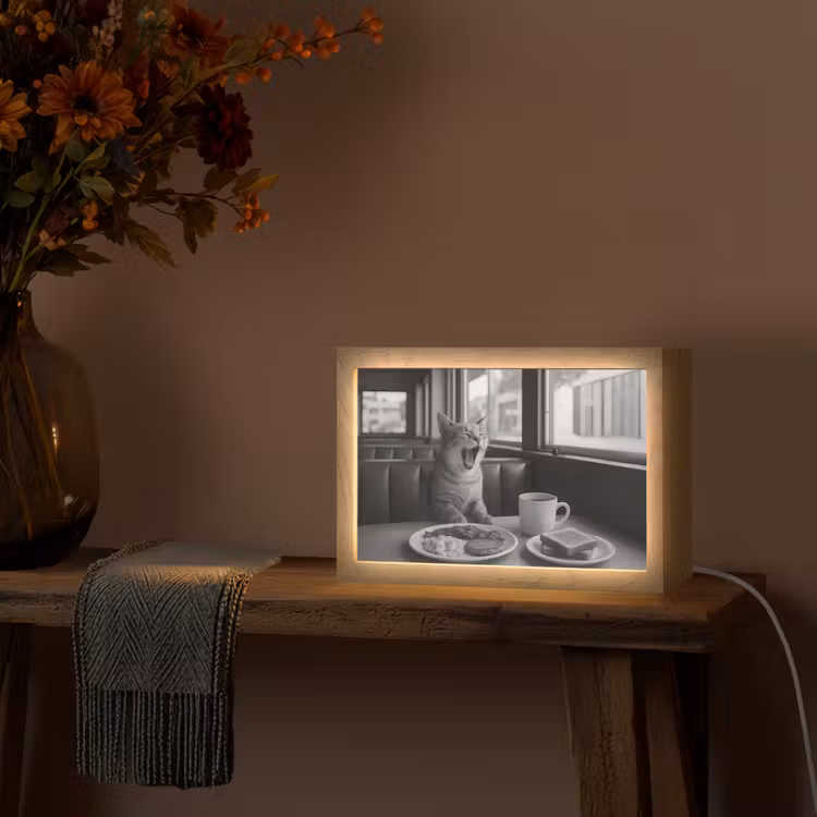 Kat - Koffie - Brood - Zwart Light Box met kabel (Tafellamp) klein -sfeer4