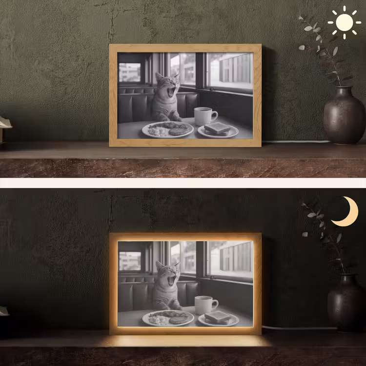 Kat - Koffie - Brood - Zwart Light Box met kabel (Tafellamp) klein -sfeer3