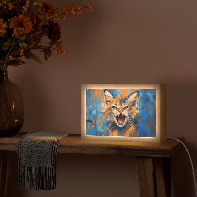 Kat - Kleurrijk - Oranje - Blauw Light Box met kabel (Tafellamp) klein -sfeer4