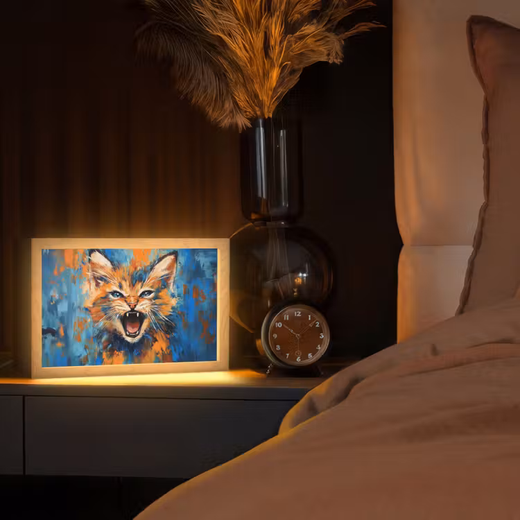 Kat - Kleurrijk - Oranje - Blauw Light Box met kabel (Tafellamp) klein -sfeer1