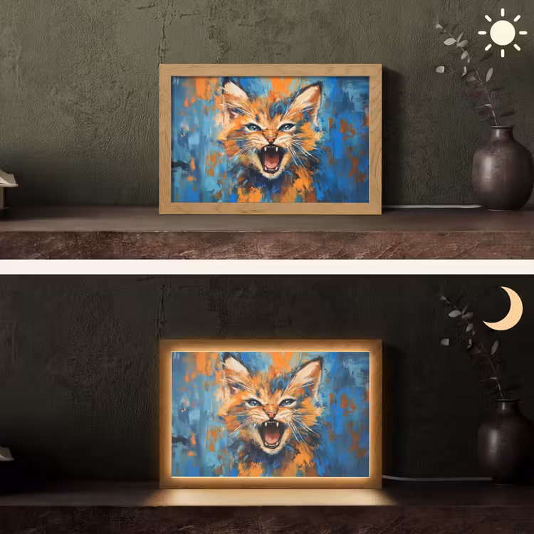 Kat - Kleurrijk - Oranje - Blauw Light Box met kabel (Tafellamp) klein -sfeer3
