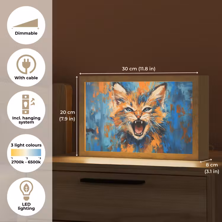 Kat - Kleurrijk - Oranje - Blauw Light Box met kabel (Tafellamp) klein -USP_EN