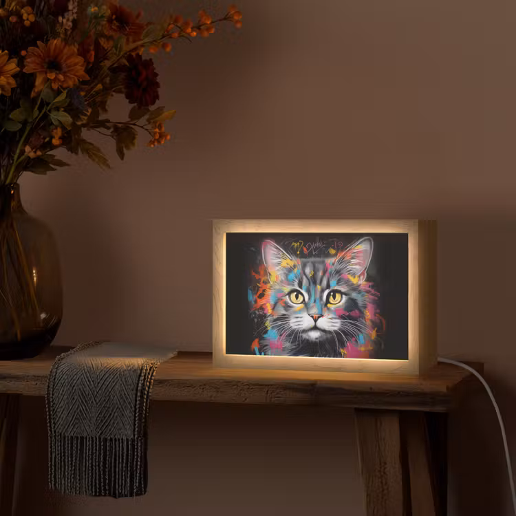 Kat - Graffiti - Dieren - Kleuren - Grijs Light Box met kabel (Tafellamp) klein -sfeer4