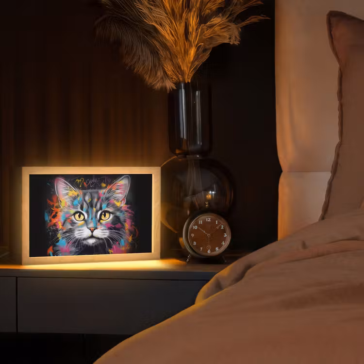 Kat - Graffiti - Dieren - Kleuren - Grijs Light Box met kabel (Tafellamp) klein -sfeer1