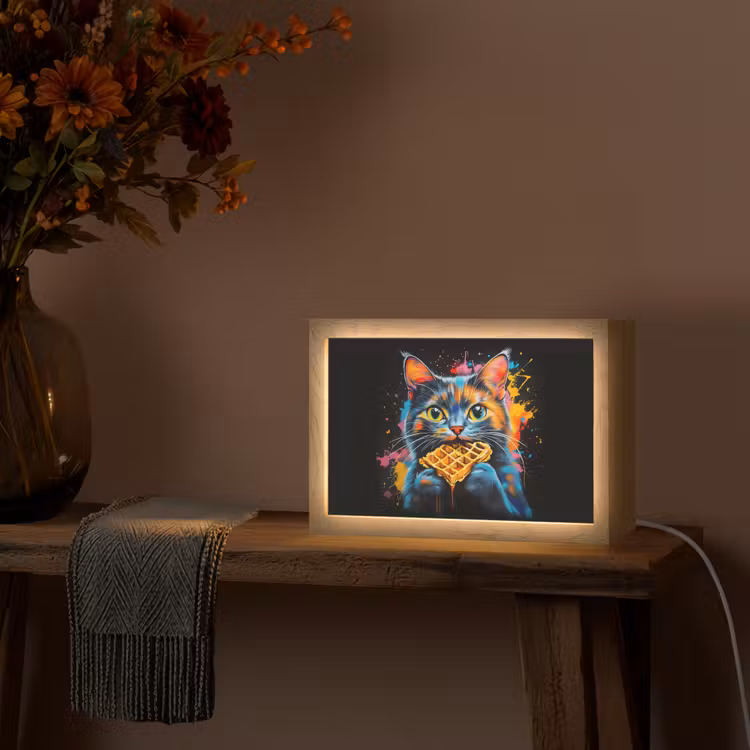 Kat - Graffiti - Kleurrijk - Wafel - Eten Light Box met kabel (Tafellamp) klein -sfeer4
