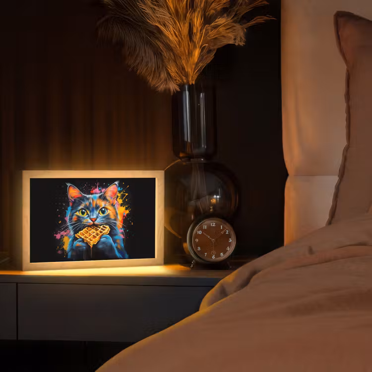 Kat - Graffiti - Kleurrijk - Wafel - Eten Light Box met kabel (Tafellamp) klein -sfeer1