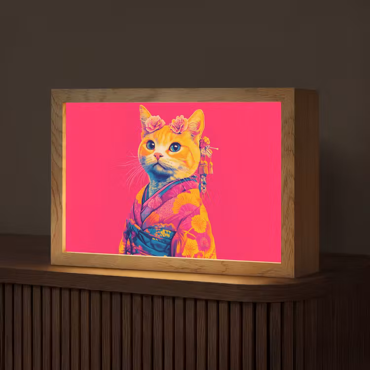 Kat - Kimono - Bloemen - Roze Light Box met kabel (Tafellamp) klein -z3d_website