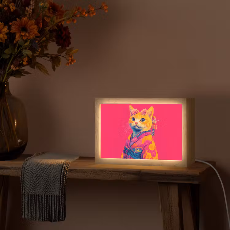Kat - Kimono - Bloemen - Roze Light Box met kabel (Tafellamp) klein -sfeer4