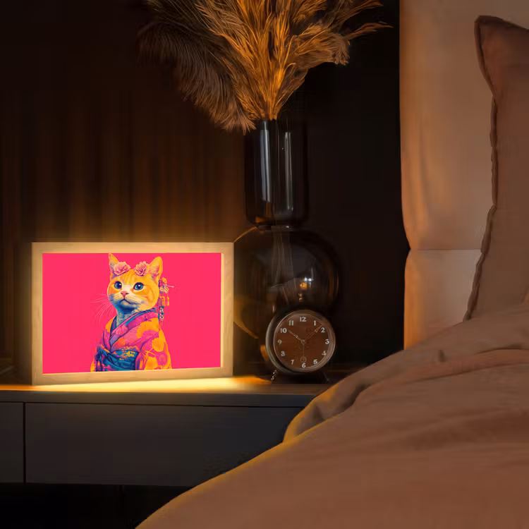 Kat - Kimono - Bloemen - Roze Light Box met kabel (Tafellamp) klein -sfeer1