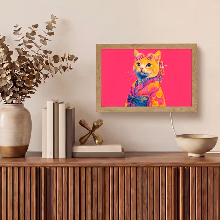 Kat - Kimono - Bloemen - Roze Light Box met kabel (Tafellamp) klein -sfeer2