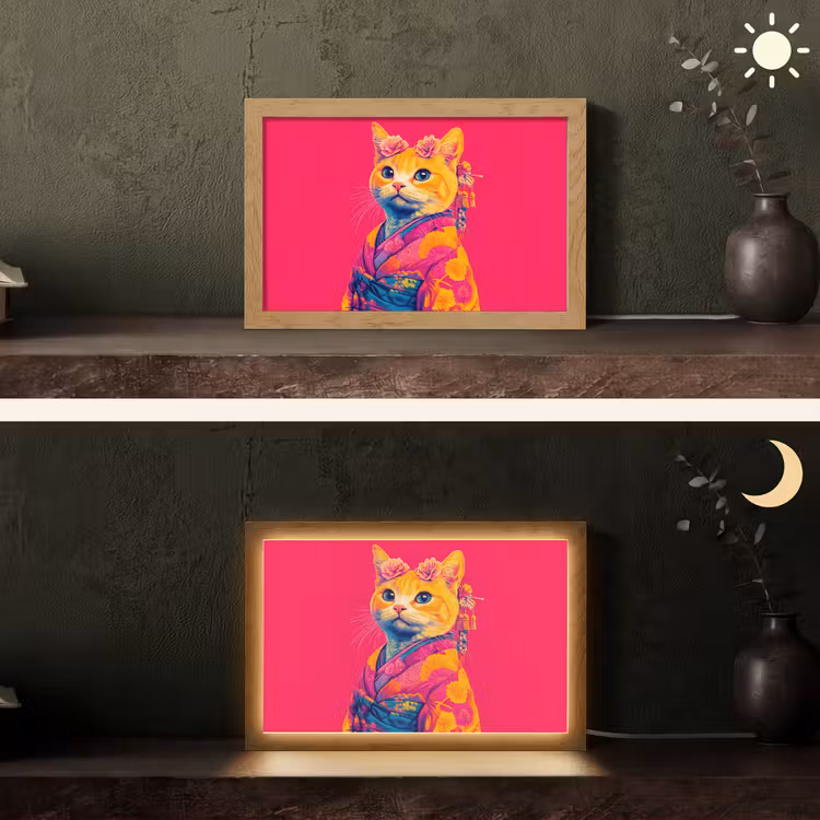 Kat - Kimono - Bloemen - Roze Light Box met kabel (Tafellamp) klein -sfeer3