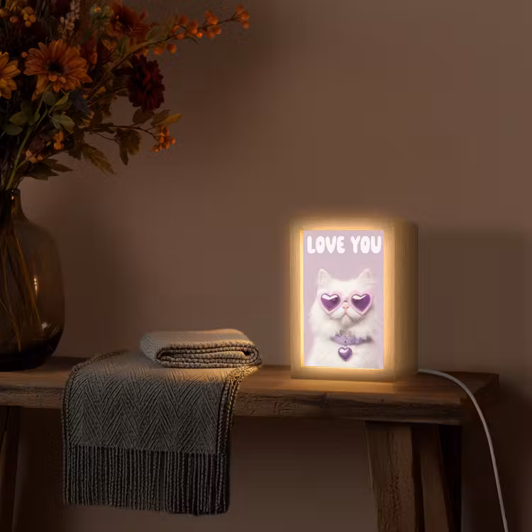 Kat - Love - Paars - Valentijn Light Box met kabel (Tafellamp) klein -sfeer4