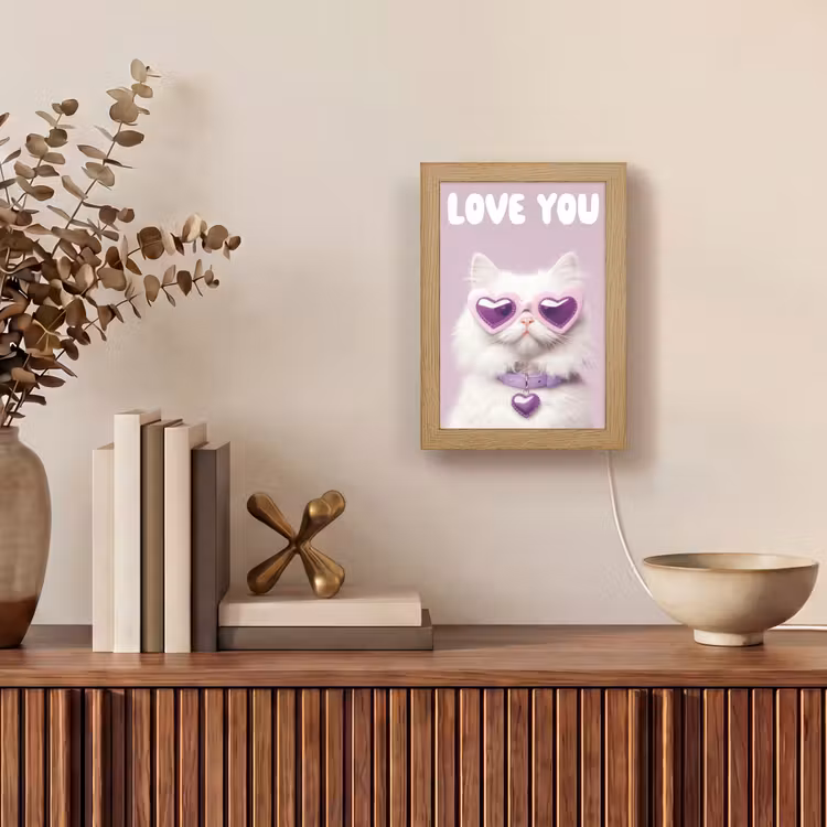 Kat - Love - Paars - Valentijn Light Box met kabel (Tafellamp) klein -sfeer2