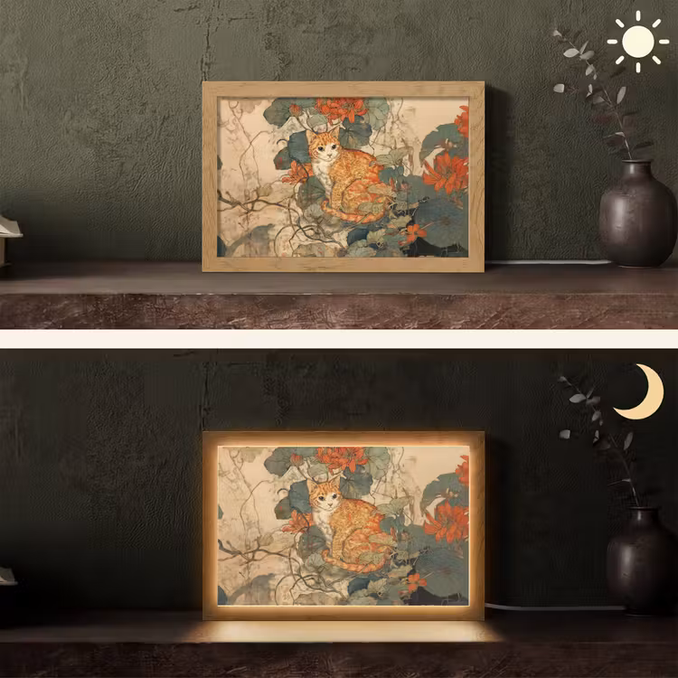 Kat - Sierlijk - Bloemen Light Box met kabel (Tafellamp) klein -sfeer3
