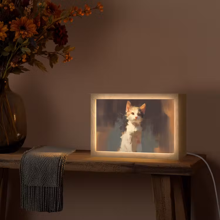 Kat - Geschilderd - Artistiek - Wit Light Box met kabel (Tafellamp) klein -sfeer4