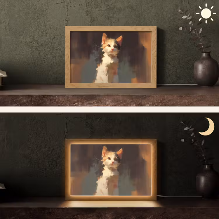 Kat - Geschilderd - Artistiek - Wit Light Box met kabel (Tafellamp) klein -sfeer3