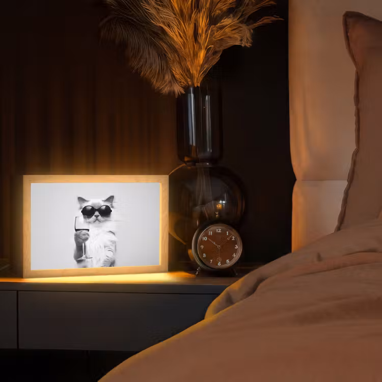 Kat - Zonnebril - Wijnglas - Langharig Light Box met kabel (Tafellamp) klein -sfeer1