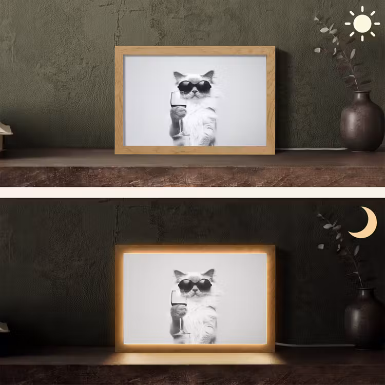 Kat - Zonnebril - Wijnglas - Langharig Light Box met kabel (Tafellamp) klein -sfeer3