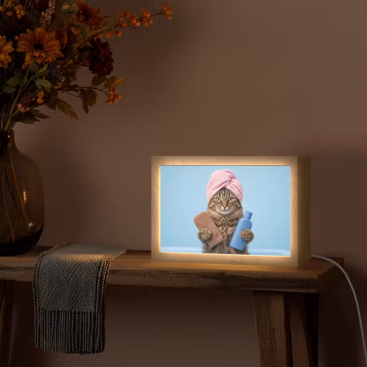 Kat - Handdoek - Washand - Zeep Light Box met kabel (Tafellamp) klein -sfeer4