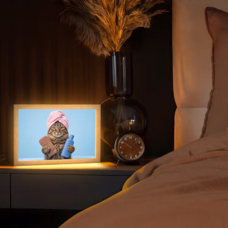 Kat - Handdoek - Washand - Zeep Light Box met kabel (Tafellamp) klein -sfeer1