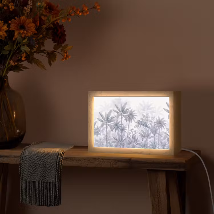 Kat - Tropisch bos - Modern - Grijs Light Box met kabel (Tafellamp) klein -sfeer4