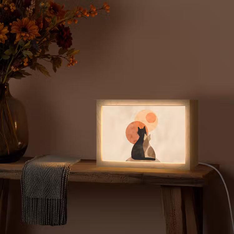 Katten - Zwart - Abstract - Cirkels Light Box met kabel (Tafellamp) klein -sfeer4